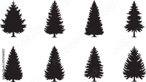 Eight distinct black silhouette evergreen trees, perfect for adding natural beauty to any design project