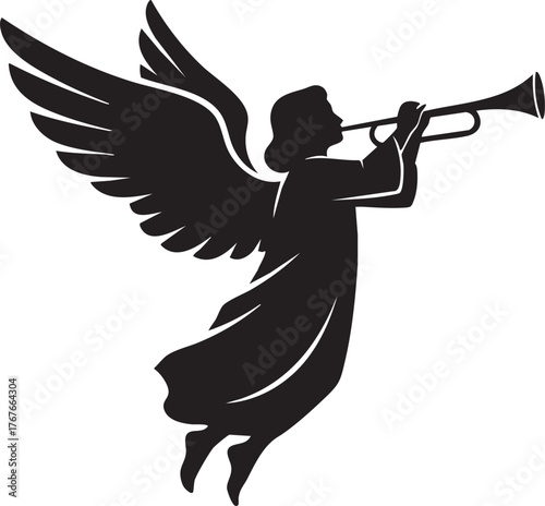 Majestic angel silhouette blowing trumpet, announcing celestial news with powerful wings spread wide in a stylized, graphic design.