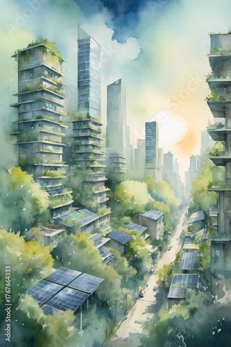 Watercolor Eco illustration of a lush green city with Solar Panels and Greenery