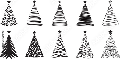 Stunning collection of diverse black and white Christmas tree designs, perfect for festive projects and elegant holiday decorations