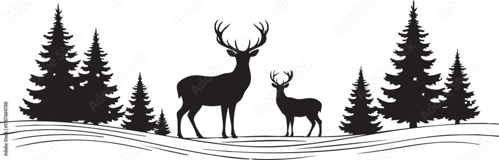 Obraz premium Majestic stag and fawn stand amidst a serene winter forest landscape with snow covered ground and pine trees