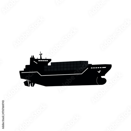 Cargo Ship Silhouette on White Background.