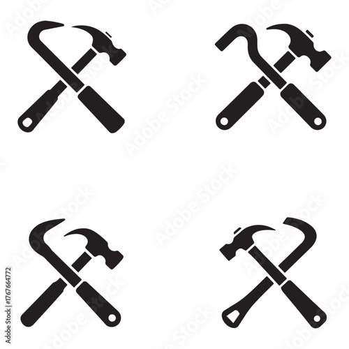 Collection of stylized crowbar and hammer icons representing tools and construction in silhouette