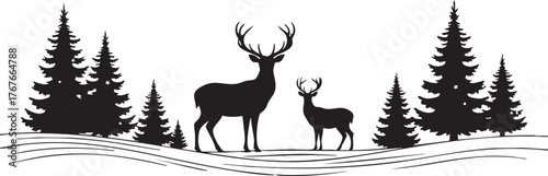 Majestic stag and fawn stand amidst a serene winter forest landscape with snow covered ground and pine trees