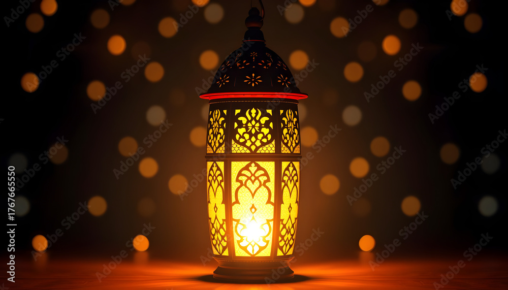 Fototapeta premium Beautiful glowing Moroccan lamp on a dark background with lights in the background with space for text or inscriptions.generative ai