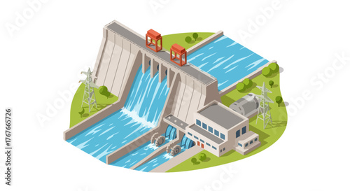 Hydroelectric River Power Plant Vector – Renewable Water Turbine Energy and Green Technology - Waterfall Hydro Power Plant Vector – Clean Energy and Sustainable Electricity