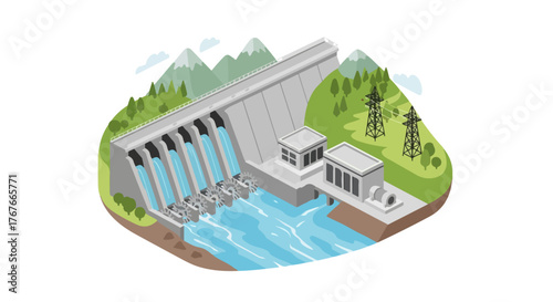Hydroelectric Lake Power Plant Vector – Renewable Water Turbine Energy and Green Technology - Waterfall Hydro Power Plant Vector – Clean Energy and Sustainable Electricity 