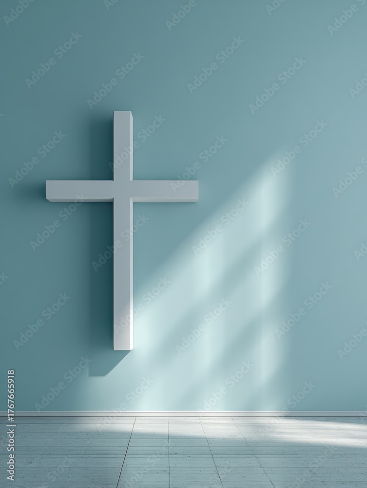 Naklejka premium minimalist white cross against a soft blue wall creates a serene atmosphere in a spiritual space