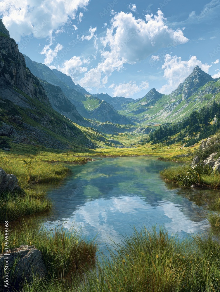 Fototapeta premium lake in mountainsgrass on sides of water and green mountain peaks in distancelandscape concept