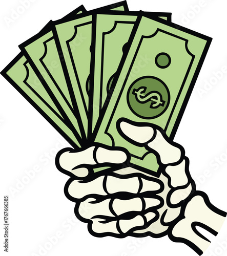 Illustration of Skeleton Hand Holding dollar bills

