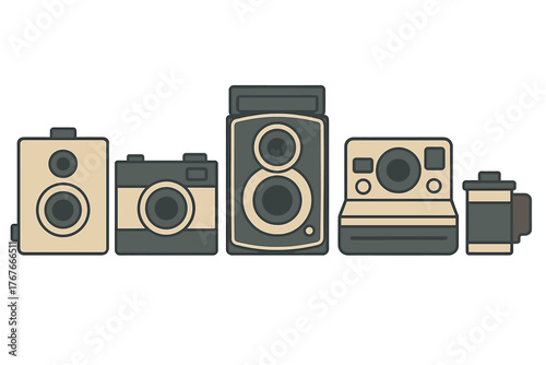 Collection of vintage retro analog film cameras displayed next to a roll of photographic film
