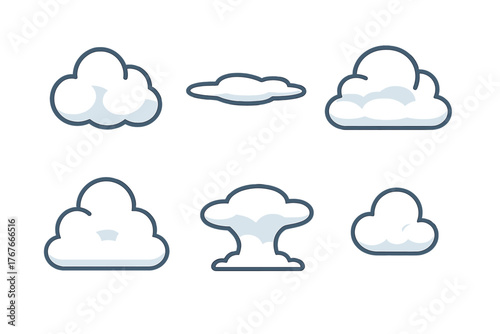 Various stylized cloud shapes and weather icons collection on white background