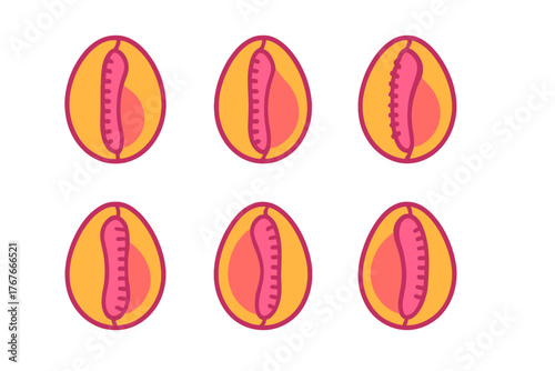 Stylized repeating pattern of breakfast icons with eggs and sausages in vibrant colors
