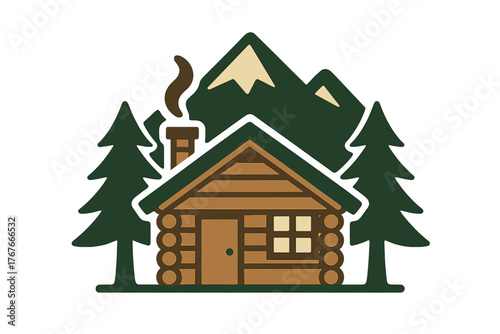 Cozy wooden log cabin surrounded by pine trees with smoke rising from the chimney against a backdrop of green mountains