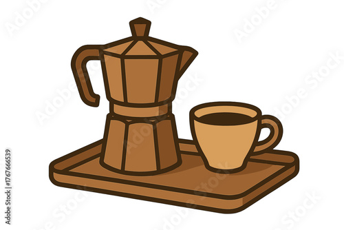 Traditional Italian stovetop espresso maker and fresh hot coffee served on a wooden tray
