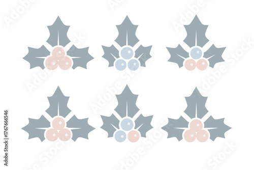 Seamless pattern of stylized winter holly leaves and berries in soft pastel colors
