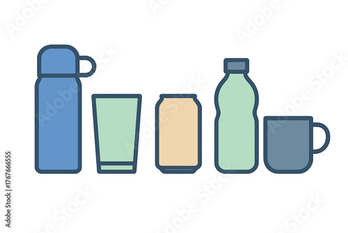 Assortment of various drinkware and liquid storage vessels including flask, glass, can, bottle, and mug