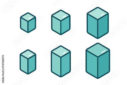 Six isometric geometric cubes and rectangular prisms in teal color