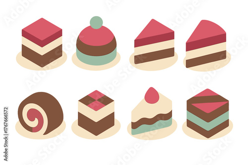 Collection of eight isometric layered chocolate cakes and sweet pastry slices