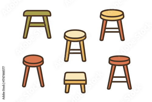 Collection of various wooden stools and small benches in different shapes and colors