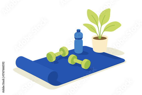 Home workout setup featuring a fitness mat, dumbbells, water bottle, and potted plant