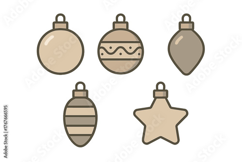 Set of festive holiday ornaments including baubles and a star in earthy tones