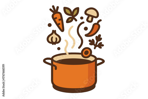 Cooking pot with fresh vegetables and spices floating above steaming hot soup