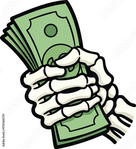 Illustration of Skeleton Hand Holding dollar bills

