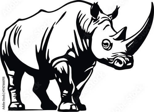 Monochrome Stylized Illustration of a Rhinoceros in Three-Quarter View with Prominent Horn and Muscular Build in a Bold Black and White Design Emphasizing Strength and Distinctive Form
