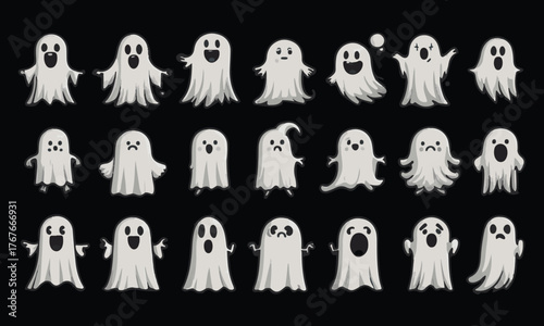 Spooky and cute ghost collection diverse expressions and poses for halloween and themed designs