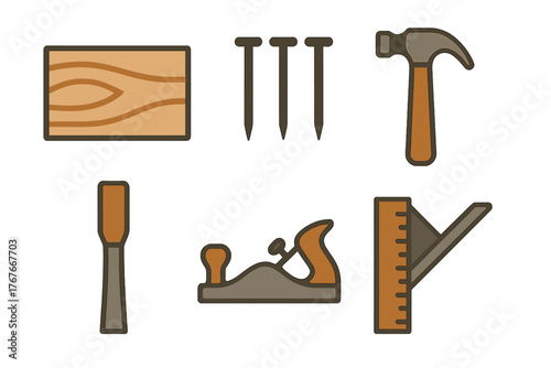 Essential carpentry and construction tools set including hammer nails wood plank and plane