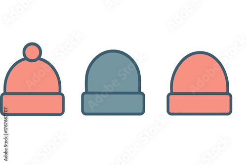 Set of three colorful winter knit hats including a beanie with a pom pom and two simple cap styles