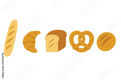 Assortment of baked goods including baguette, croissant, pretzel, and loaf bread