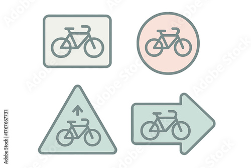 Pastel colored bicycle road signs set featuring mandatory warning and directional symbols