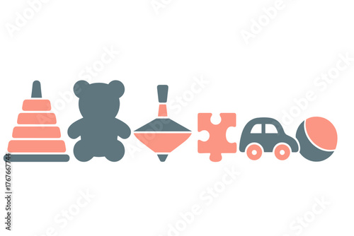 Set of classic children's playthings including teddy bear, stacking rings, spinning top, puzzle, toy car, and ball