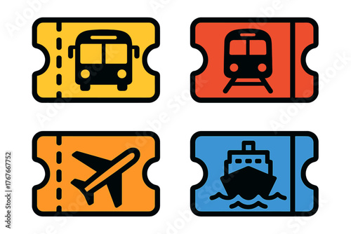 Collection of colorful tickets for bus, train, airplane, and ship travel icons