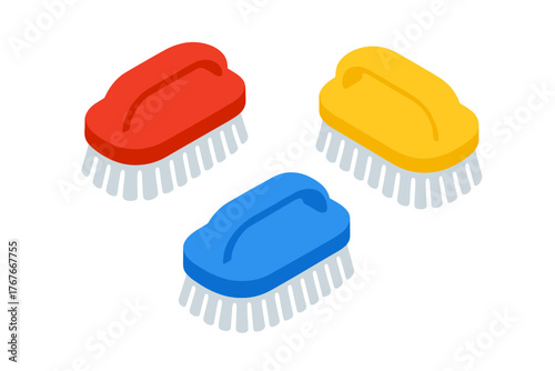 Colorful scrubbing brushes for household cleaning in isometric flat design