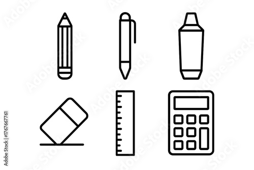 Collection of essential school and office supplies including writing tools and measuring instruments