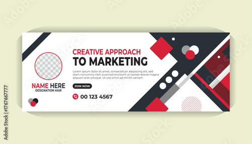 Modern minimalist Facebook timeline banner template with vivid red design elements, photo holder, clean layout and white backdrop
