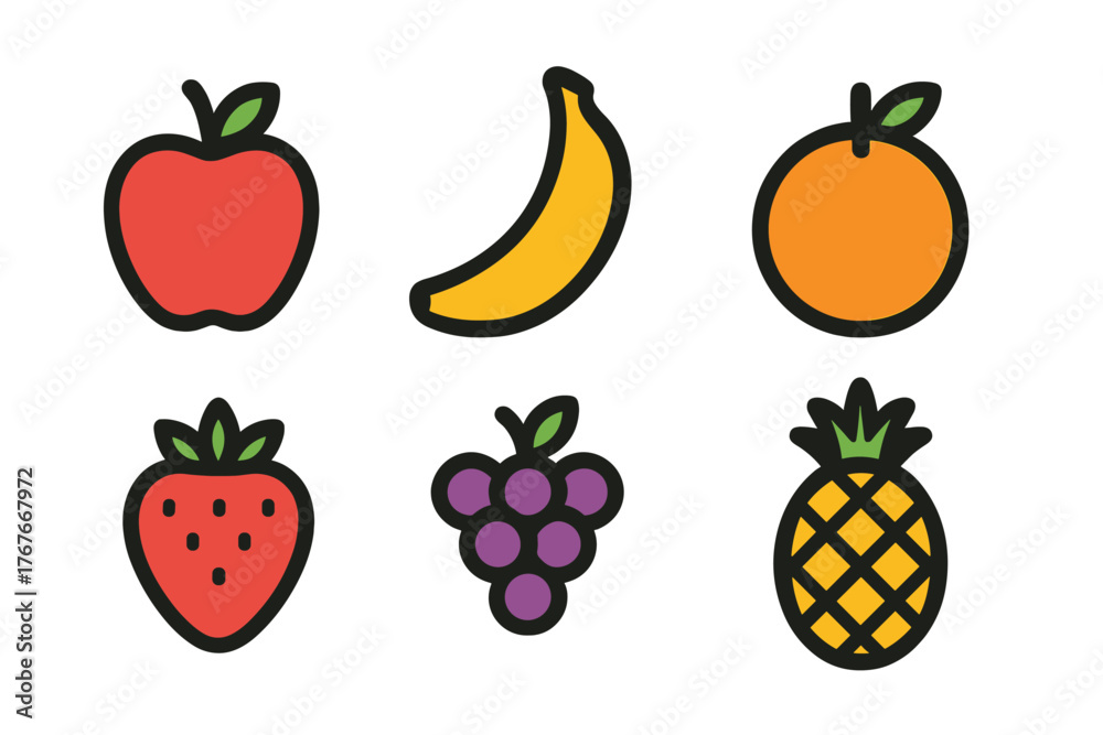 Fototapeta premium Assortment of healthy tropical and temperate fruits depicted as bold graphic symbols