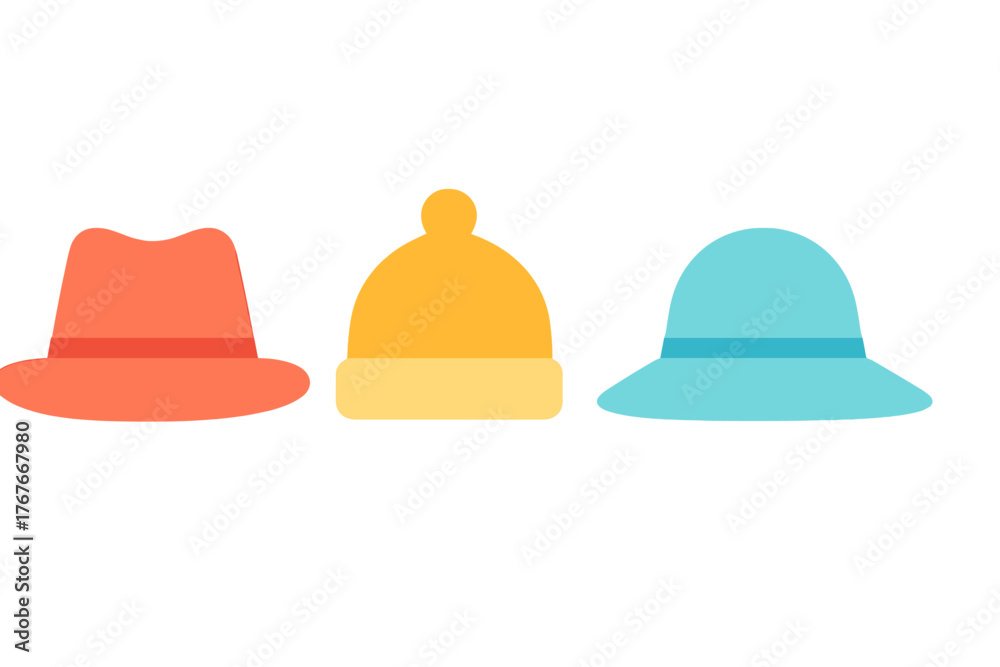 Fototapeta premium Three colorful hats collection including a fedora, a beanie, and a sun hat isolated on white