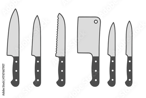 Professional kitchen cutlery collection featuring sharp cooking and food preparation tools