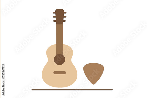 Stylized wooden acoustic guitar and brown plectrum isolated on white background