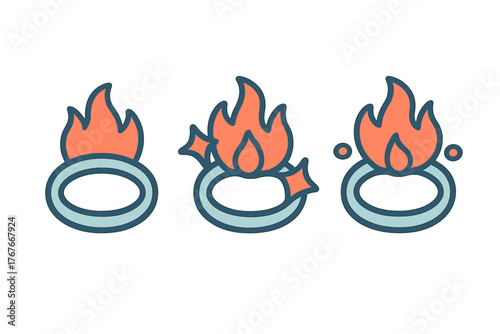 Three minimalist icons of a burning ring or flaming hoop symbol variations