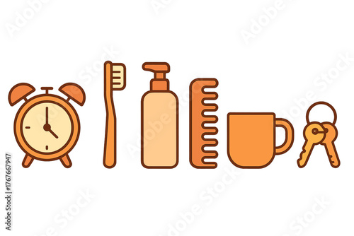 Essential objects for morning routine: alarm clock, toothbrush, soap, comb, mug, and keys