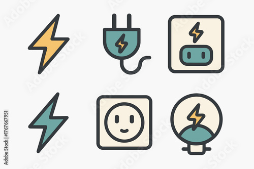 Set of colorful electric power and energy symbols featuring lightning bolt, plug, socket, and lightbulb