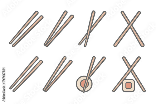 Eight different pairs of wooden chopsticks in various positions holding sushi rolls