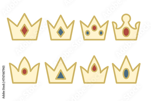 Collection of eight stylized royal crowns decorated with gold outlines and colorful jewels