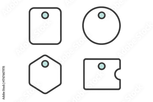 Free Download Set of four blank geometric tags in various shapes including square, circle, and hexagon with attachment holes - GFXLoad