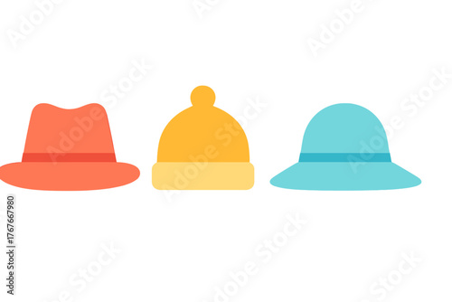 Three colorful hats collection including a fedora, a beanie, and a sun hat isolated on white